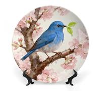 FekiLoot Birds on Cherry Blossom Tree Decorative Plates Bone China Plates with Stand for Display 8inch Round Ceramic Dinner Plates Dessert Plate for Kitchen Party Coffee Table Decor Art