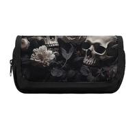 FekiLoot Black And White Flowers And Skull Pencil Case Portable Zipper Large Capacity Pencil Bag Handheld Multi Function Portable Pencil Pouch Organizer for Family Office Supplies