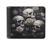 FekiLoot Black And White Flowers And Skull PU Leather Wallet Bifold Wallet Front Pocket Wallets Fashion Purse Slim Billfold Credit Card Holder