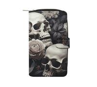 FekiLoot Black And White Flowers And Skull Wallet Large Capacity Travel Double Fold Wallets Portable Zipper Leather Purse for Women Men