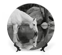 FekiLoot Black And White Horse Decorative Plates Bone China Plates with Stand for Display 8inch Round Ceramic Dinner Plates Dessert Plate for Kitchen Party Coffee Table Decor Art