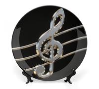 FekiLoot Black And White Musical Notes Decorative Plates Bone China Plates with Stand for Display 10inch Round Ceramic Dinner Plates Dessert Plate for Kitchen Party Coffee Table Decor Art