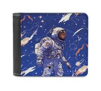 FekiLoot Black Astronaut on Blue PU Leather Wallet Bifold Wallet Front Pocket Wallets Fashion Purse Slim Billfold Credit Card Holder