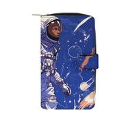 FekiLoot Black Astronaut on Blue Wallet Large Capacity Travel Double Fold Wallets Portable Zipper Leather Purse for Women Men