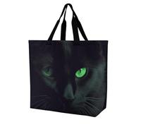 FekiLoot Black Cat Green Eyes Shopping Bag Foldable, Multipurpose Shoulder Bag, Reusable Grocery Bag Holder with Long Shoulder Strap, Waterproof Tote Bags for Work, Beach, Travel