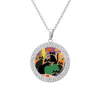 FekiLoot Black Cat Halloween Pumpkin Pendant Necklace for Women Men Elegant Diamond Circle Necklaces with 19.7 Inch Chain, Zinc Diamond Jewelry for Birthday Christmas Valentine's Day Gift, One Size