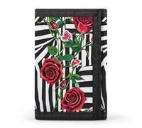 FekiLoot Black White Stripes Red Rose Flowers Wallet Men's Trifold Wallet Extra Capacity Credit Card Holder Cards Purse Front Pocket