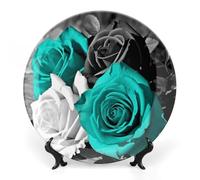 FekiLoot Black White Teal Gray Rose Flowers Decorative Plates Bone China Plates with Stand for Display 10inch Round Ceramic Dinner Plates Dessert Plate for Kitchen Party Coffee Table Decor Art