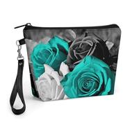 FekiLoot Black White Teal Gray Rose Flowers Makeup Bag for Purse, Waterproof Funny Cosmetic Bag for Women, Zipper Travel Pouch Gift 8.9×5.7 Inch