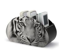 FekiLoot Black White Tiger Remote Control Holder with 5 Compartments Pu Leather Remote Caddy Office Organizar Box for DVD Media Player Controllers And Cosmetics Office Supplies