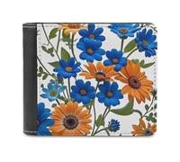 FekiLoot Blue And Orange Flowers on White Background Wallet Large Capacity Slim Bifold Wallet with Multiple Card Slots PU Leather Men Purse