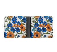FekiLoot Blue And Orange Flowers on White Background Wallet Slim Leather Bifold Wallet Extra Capacity Wallets with Multiple Card Slots Men Billfold