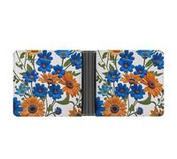 FekiLoot Blue And Orange Flowers on White Background Wallet Slim PU Bifold Design Wallet with Multiple Card Slots Wallets Extra Capacity Pocket Wallets