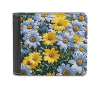 FekiLoot Blue And Yellow Flowers Wallet Large Capacity Slim Bifold Wallet with Multiple Card Slots PU Leather Men Purse