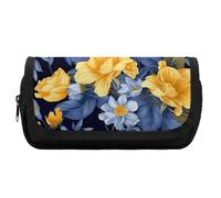 FekiLoot Blue Base Yellow Floral Pencil Case Portable Zipper Large Capacity Pencil Bag Handheld Multi Function Portable Pencil Pouch Organizer for Family Office Supplies