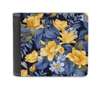 FekiLoot Blue Base Yellow Floral PU Leather Wallet Bifold Wallet Front Pocket Wallets Fashion Purse Slim Billfold Credit Card Holder