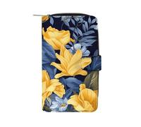 FekiLoot Blue Base Yellow Floral Wallet Large Capacity Travel Double Fold Wallets Portable Zipper Leather Purse for Women Men