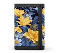 FekiLoot Blue Base Yellow Floral Wallets Exquisite Trifold Wallet Front Pocket Wallet with Zipper Keychain Coin Purse Credit Card Holder for Adult