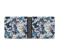 FekiLoot Blue Butterfly And White Cat Leather Wallet Double-Sided Different Images Bifold Wallet Ultra Strong Stitching Slim Wallets
