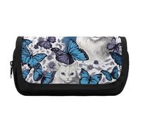 FekiLoot Blue Butterfly And White Cat Pencil Case Office Pencil Box Large Capacity Pencil Box Pouch Holder Double Zipper Pencil Case Use to Organize Desktop And Plan Space Home Office