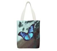FekiLoot Blue Butterfly Canvas Tote Bag Lightweight Medium Reusable Grocery Shopping Cloth Bag Multi-Purpose Tote Bags with Zipper Inner Pocket Large Capacity Shopping Bags