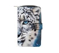 FekiLoot Blue Eyed Snow Leopard Wallet Large Capacity Travel Double Fold Wallets Portable Zipper Leather Purse for Women Men