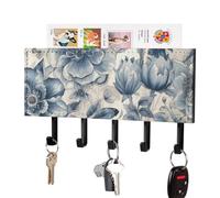 FekiLoot Blue Flower Pattern Key Holder Wall Mount PU Leather Adhesive Key Rack with 5 Hooks Decorative Keys Storage Holder Mail Organizer Decor for Entryway Hallway Office Kitchen Black
