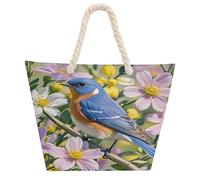 FekiLoot Bluebird And Flowers Beach Bag for Women Large Tote Bag with Hemp Rope Handles Reusable Grocery Shopping Bags Travel Casual Shoulder Bag Handbag for Travel Work