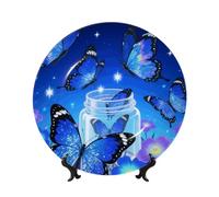 FekiLoot Bone China Decorative Plate 10in,Blue Glitter Butterfly Ceramic Decorative Plates With Display Stand,Handmade Ceramic Ornaments Wall Hanging Decoration For Home Office Decor