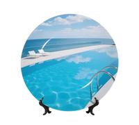 FekiLoot Bone China Decorative Plate 10in,Blue Swimming Pool Ceramic Decorative Plates With Display Stand,Handmade Ceramic Ornaments Wall Hanging Decoration For Home Office Decor