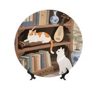 FekiLoot Bone China Decorative Plate 6in,Cat On The Shelf Ceramic Decorative Plates With Display Stand,Handmade Ceramic Ornaments Wall Hanging Decoration For Home Office Decor