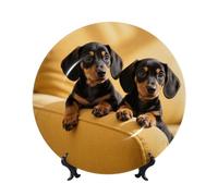 FekiLoot Bone China Decorative Plate 6in,Cute Two Dachshund Dog Ceramic Decorative Plates With Display Stand,Handmade Ceramic Ornaments Wall Hanging Decoration For Home Office Decor