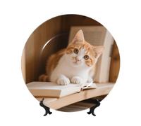 FekiLoot Bone China Decorative Plate 7in,Cute Kitten Ceramic Decorative Plates With Display Stand,Handmade Ceramic Ornaments Wall Hanging Decoration For Home Office Decor