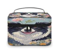 FekiLoot Border Collie Florals Makeup Bag Large Capacity Travel Cosmetic Bag Lightweight Hand-held Toiletry Bags Portable Cosmetic Pouch Cute Make Up Pouch for Women