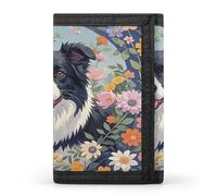 FekiLoot Border Collie Florals Men's Wallet Extra Capacity Trifold Wallet Thin & Stylish Trifold Card Holder with ID Window