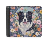 FekiLoot Border Collie Florals Wallet Large Capacity Slim Bifold Wallet with Multiple Card Slots PU Leather Men Purse