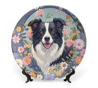 FekiLoot Border Collie FloralsDecorative Ceramic Plate Dinner Plate for Salad Dessert Round Display Plate Decorative Porcelain Dish Wall Ornament Microwave Oven Dishwasher Safe Gift 7inch