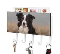 FekiLoot Border Collie Key Holder for Wall Adhesive Key Hanger with 5 Hooks Wall Mounted PU Leather Key Storage Organizer Towel Hook for Entryway Hallway Living Room Office