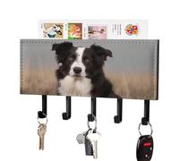 FekiLoot Border Collie Key Holder for Wall Adhesive Key Hanger with 5 Hooks Wall Mounted PU Leather Key Storage Organizer Towel Hook for Entryway Hallway Living Room Office