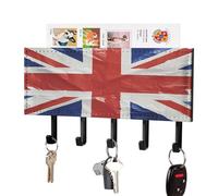 FekiLoot British Flag Key Holder Wall Mount PU Leather Adhesive Key Rack with 5 Hooks Decorative Keys Storage Holder Mail Organizer Decor for Entryway Hallway Office Kitchen Black