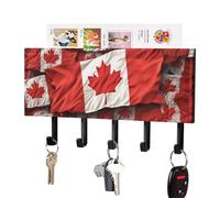FekiLoot Canadian Flag Key Holder Wall Mount PU Leather Adhesive Key Rack with 5 Hooks Decorative Keys Storage Holder Mail Organizer Decor for Entryway Hallway Office Kitchen Black