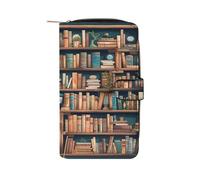 FekiLoot Cartoon Bookshelf Bookworm Wallet Large Capacity Travel Double Fold Wallets Portable Zipper Leather Purse for Women Men