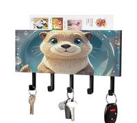 FekiLoot Cartoon Cute Otter Key Holder Wall Mount PU Leather Adhesive Key Rack with 5 Hooks Decorative Keys Storage Holder Mail Organizer Decor for Entryway Hallway Office Kitchen Black