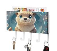 FekiLoot Cartoon Cute Otter Key Holder Wall Mount PU Leather Adhesive Key Rack with 5 Hooks Decorative Keys Storage Holder Mail Organizer Decor for Entryway Hallway Office Kitchen White
