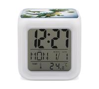FekiLoot Cartoon Dinosaur Images Small Digital Alarm Clock with Date Temperature Large LED Display Number with 7 Colors Changing Desk Clock for Bedroom Bedside Nightstand