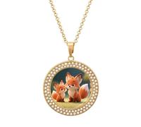FekiLoot Cartoon Little Foxes Pendant Necklace for Women Men Elegant Diamond Circle Necklaces with 19.7 Inch Chain, Zinc Diamond Jewelry for Birthday Christmas Valentine's Day Gift, One Size, Zinc