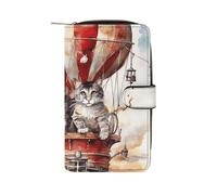 FekiLoot Cat And Hot Air Balloon Wallet Large Capacity Travel Double Fold Wallets Portable Zipper Leather Purse for Women Men