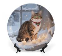 FekiLoot Cat by The Christmas Window Decorative Plates Bone China Plates with Stand for Display 7inch Round Ceramic Dinner Plates Dessert Plate for Kitchen Party Coffee Table Decor Art