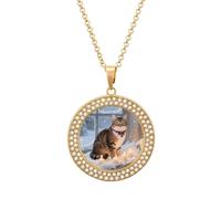 FekiLoot Cat by The Christmas Window Pendant Necklace for Women Men Elegant Diamond Circle Necklaces with 19.7 Inch Chain, Zinc Diamond Jewelry for Birthday Christmas Valentine's Day Gift, One Size
