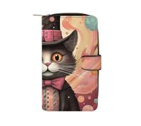 FekiLoot Cat Holding A Cane Wallet Large Capacity Travel Double Fold Wallets Portable Zipper Leather Purse for Women Men